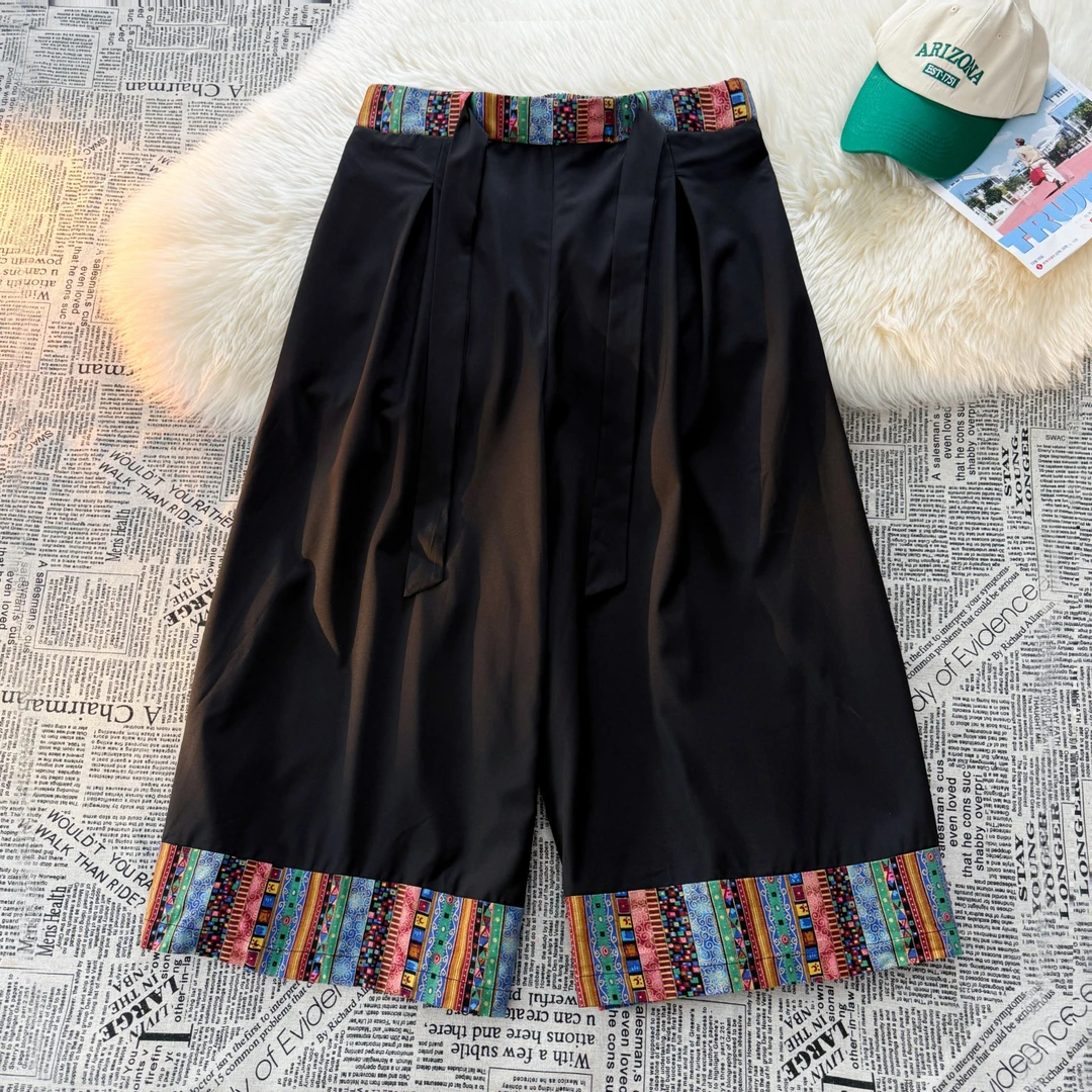 新中式民族风印花拼接阔腿裤男夏季轻薄款中国风宽松冰丝汉服裙裤