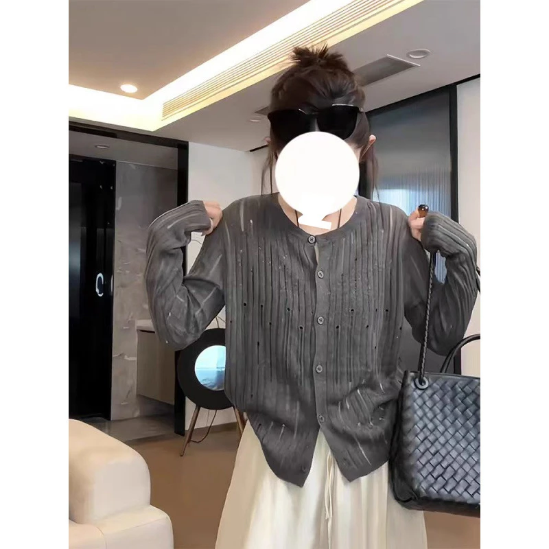 法式甜美薄款长袖针织衫女装早秋新款设计感小众宽松镂空开衫上衣