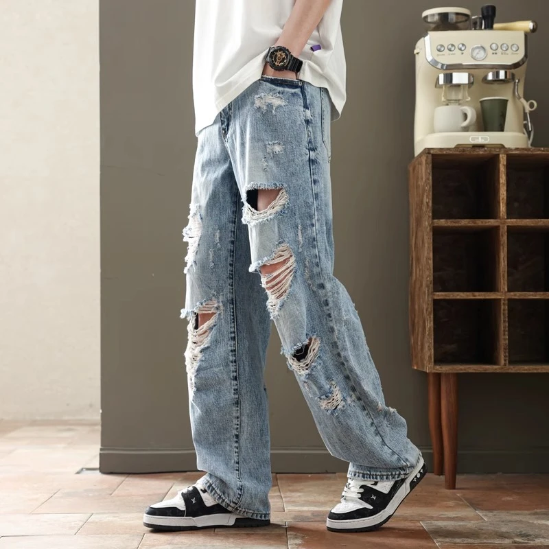 Cebrodz破洞牛仔裤2025新款男士直筒阔腿裤夏季潮牌高端乞丐裤