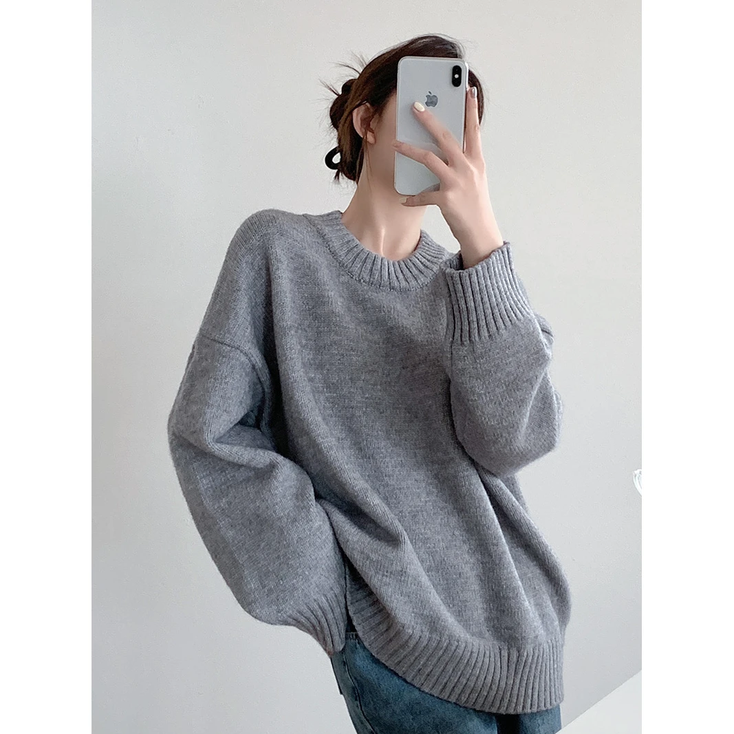 秋冬针织衫女圆领宽松毛衣慵懒风厚实暖和高级感显瘦百搭复古上衣