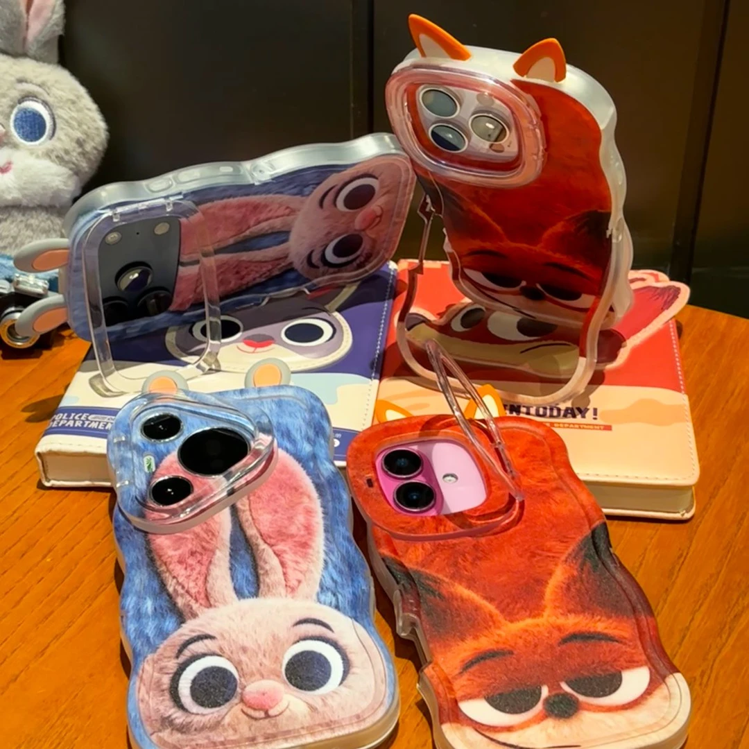 仿皮大眼兔子狐狸双支架适用苹果17/16pro手机壳华为vivo小米oppo