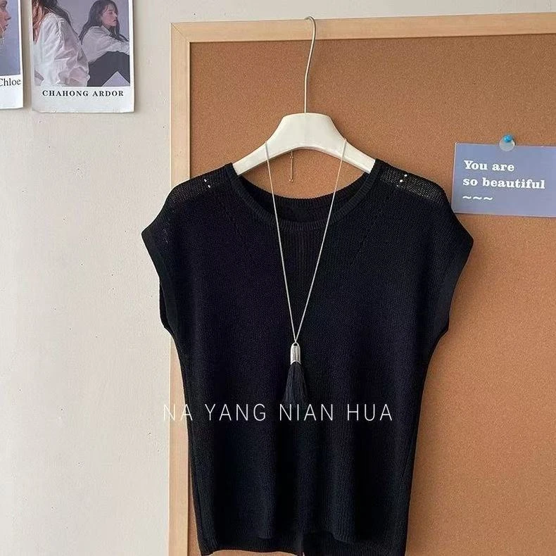 法式后露背系纽扣镂空冰丝针织衫女夏温柔风显瘦百搭坎肩背心上衣