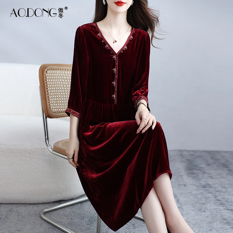 婚宴真丝丝绒连衣裙女喜婆婆桑蚕丝裙子收腰妈妈装刺绣气质春秋