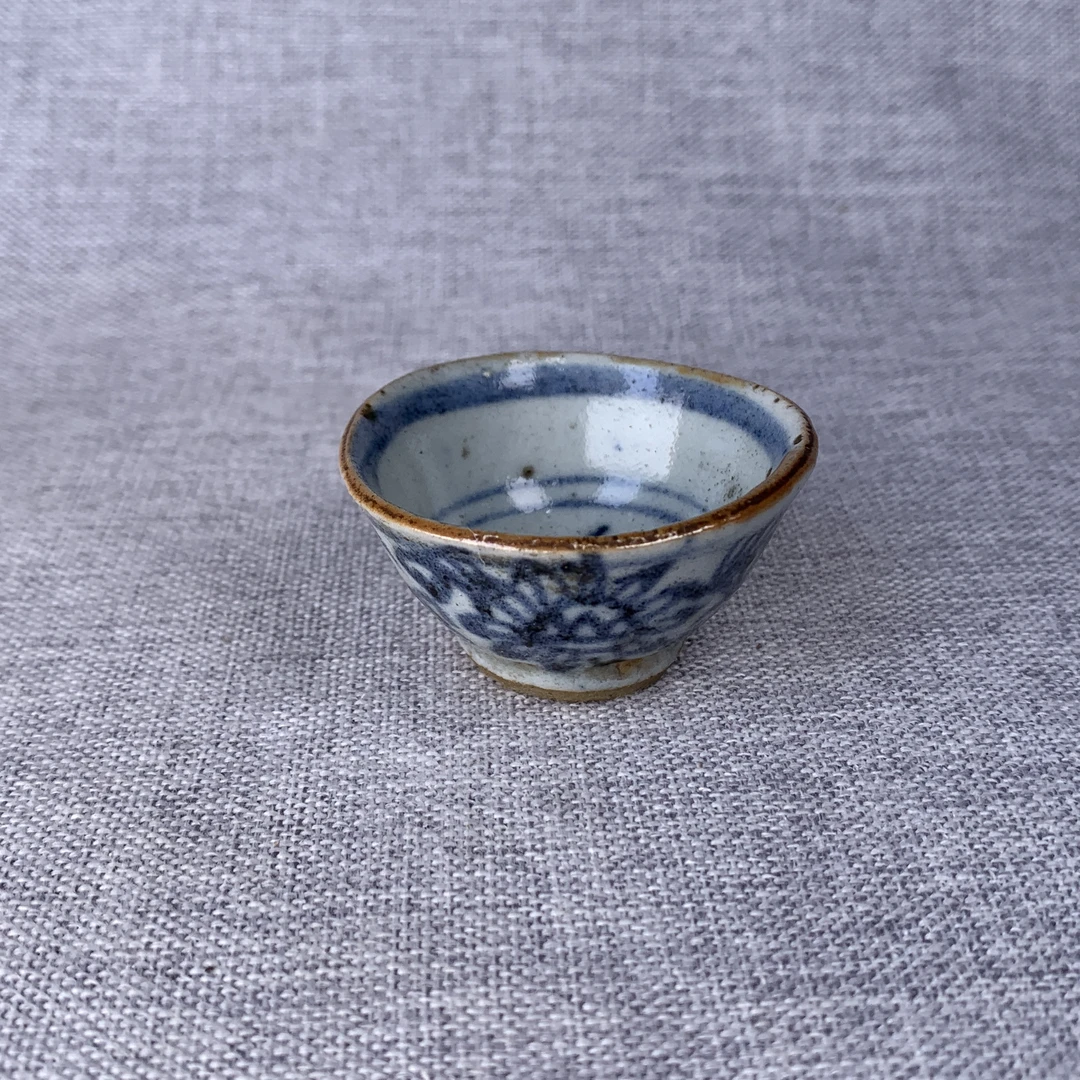 明代青花花卉杯古瓷器真品国营镇江市文物商店库出5128318