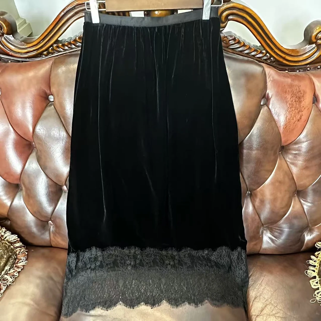 真丝绒直筒半身裙拼接水溶蕾丝Q858002-150771