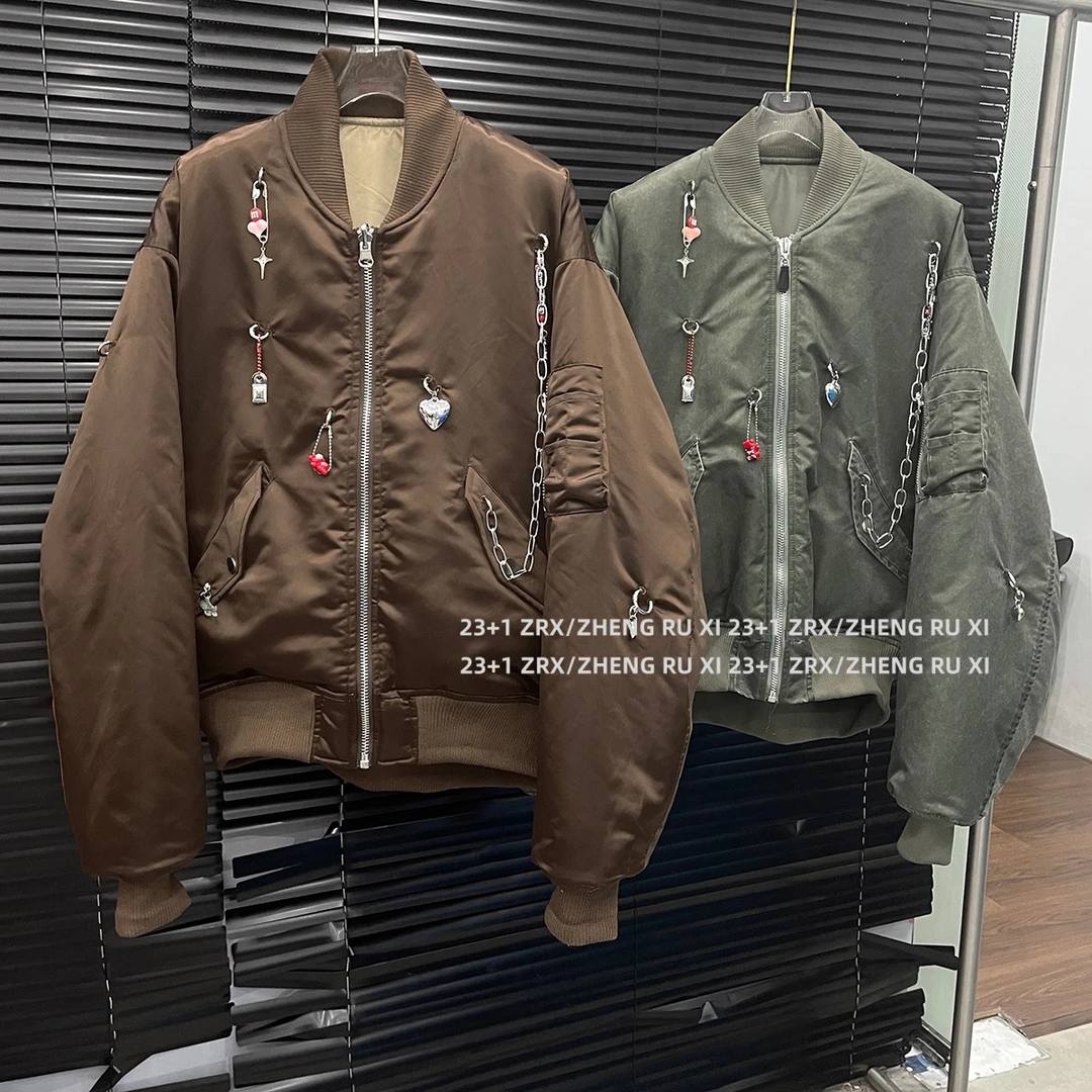 付新博女装链条缀饰棉服外套女宽松小众设计飞行员夹克棉衣15128