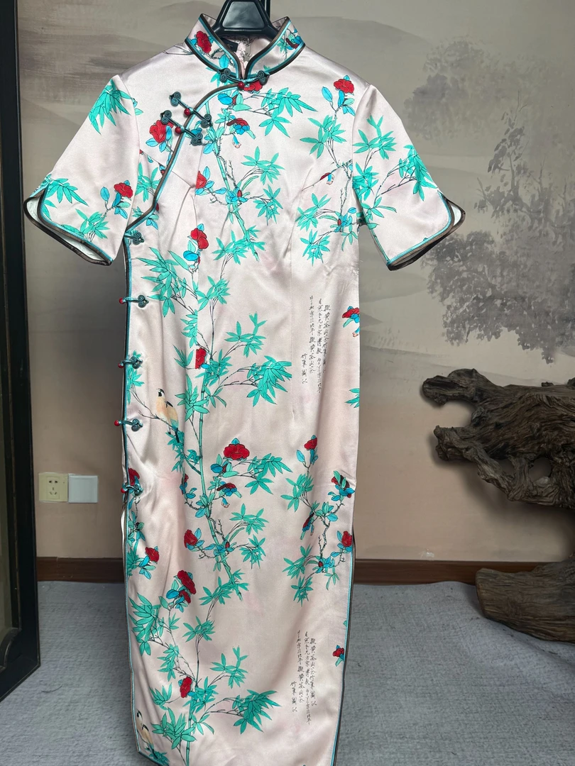 凤禧蚕丝经典旗袍印花斜襟薄雾分袖中国风旗袍中式新中式经典旗袍