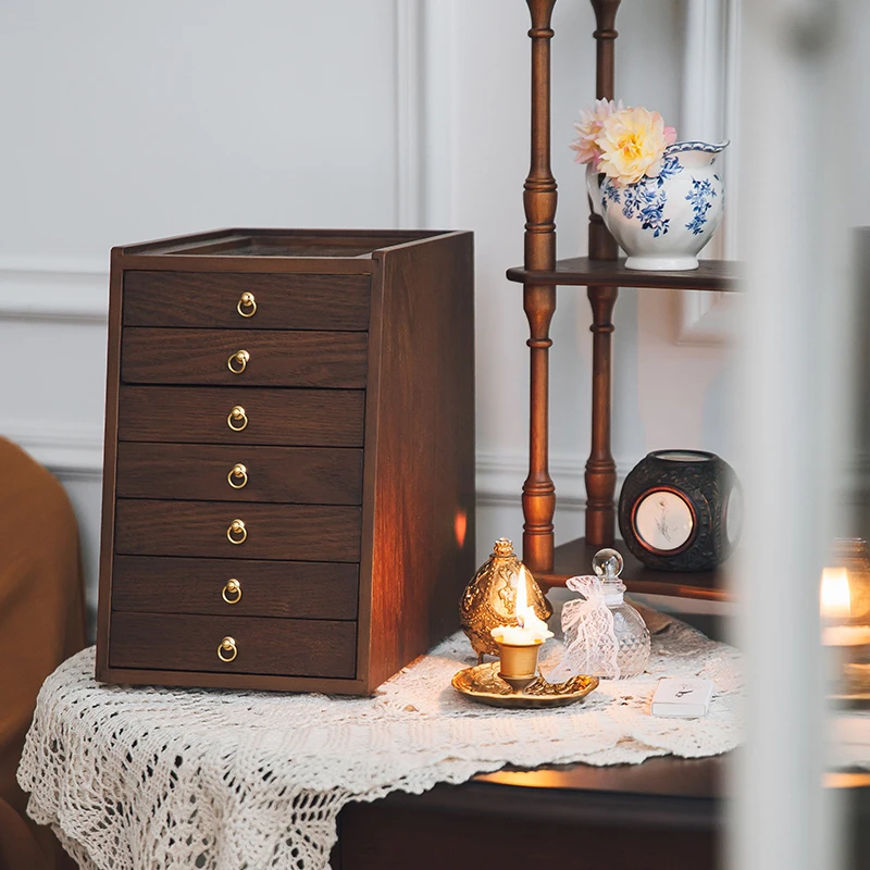 悦澜居复古首饰收纳盒中古木质珠宝桌面古典多层抽屉式展示陈列盒