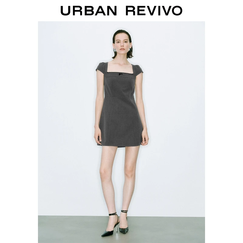 UR2025夏季新款女装格雷系拼接蕾丝修身短袖连衣裙UWG750145