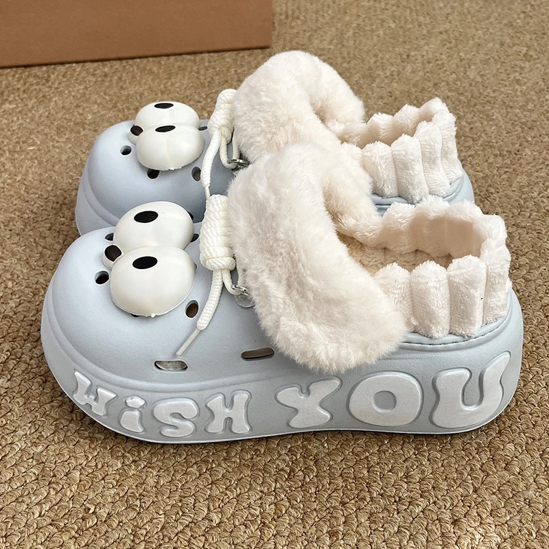 加绒加厚洞洞鞋女款可爱大眼秋冬季外穿毛绒保暖室内防滑包跟棉鞋