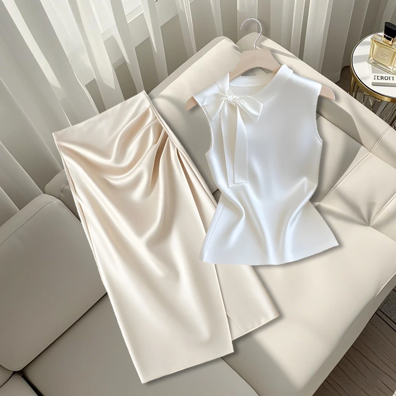 2025夏季新款法式千金贵气名媛风蝴蝶结上衣简约宽松半身裙两件套
