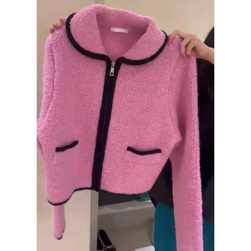 美爆了！墙裂推荐！小香风开衫小个子玫粉色毛衣秋冬慵懒风针织衫女