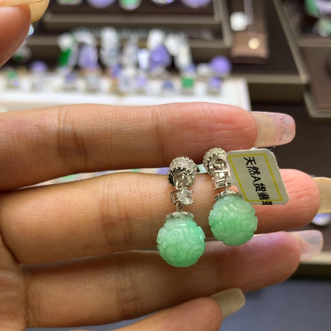 翡翠耳饰银S925镶嵌天然翡翠圆珠耳勾