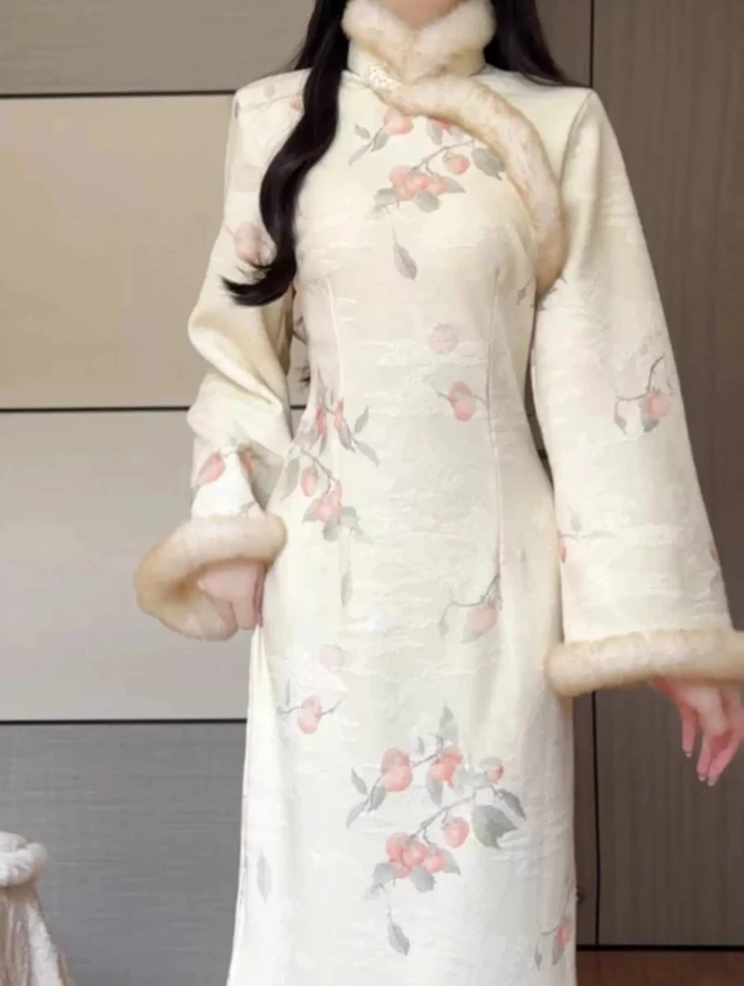 【花容溪】针织提花倒大袖冬季新款时尚年轻款日常加绒旗袍加厚