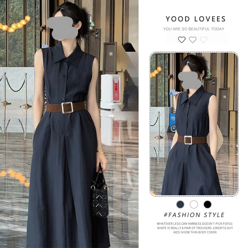 法式复古翻领无袖单排扣衬衫连衣裙女夏季2025新款收腰显瘦长裙