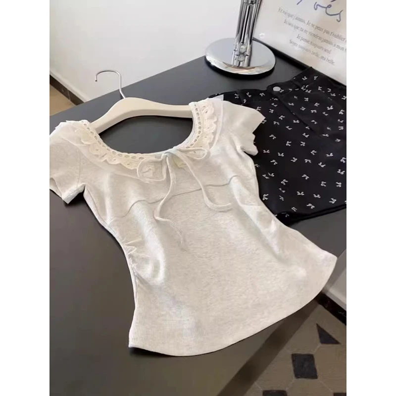 日系甜美蕾丝拼接系带短袖T恤女夏季小个子掐腰显瘦正肩短款上衣