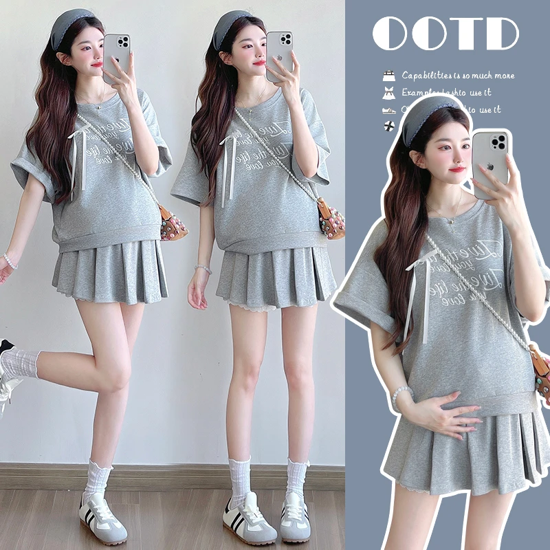 孕妇套装夏季新款时尚韩版休闲字母短袖上衣显瘦蕾丝边百褶短裤裙