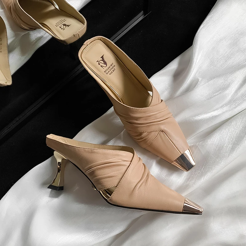 7cm~法式气质方头包头半拖鞋女细跟夏季外穿羊皮金属头高跟鞋欧货