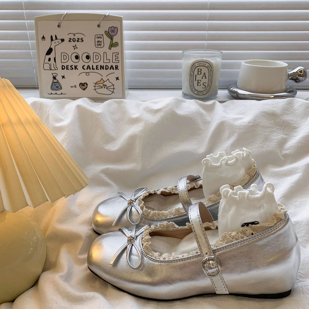 OJRZ时尚法式蕾丝蝴蝶结玛丽珍鞋女2025夏季银色单鞋内增搞小皮鞋