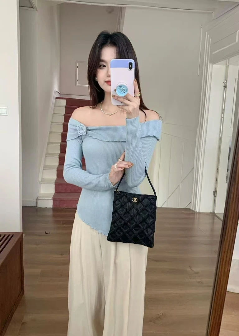 【01-50】女喇叭袖常规款纯色提花毛针织衫上衣修身复古百搭秋冬