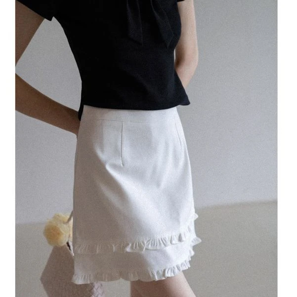 EGGKA 双层花边A字半身裙女夏季气质显瘦通勤高腰短裙E25B3781AF