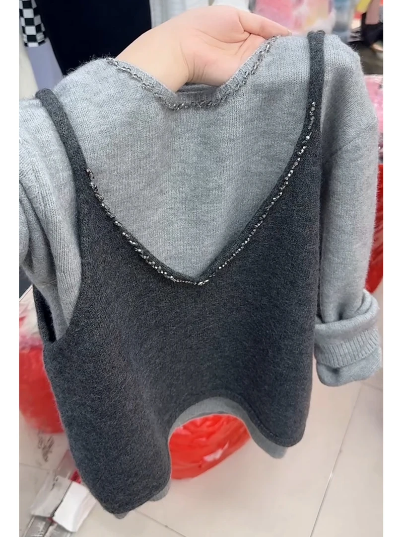 韩系重工钉珠针织背心打底衫2025秋季新款时尚减龄叠穿上衣两件套