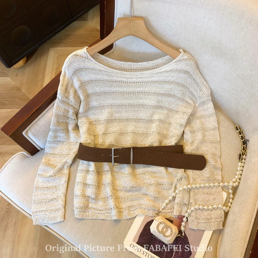 早秋慵懒风穿搭镂空针织衫女2025新款外搭长袖罩衫显瘦上衣配腰带