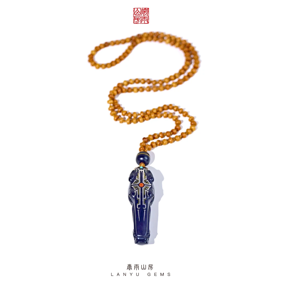 和田玉 墨玉  错金银 马面吊坠项链