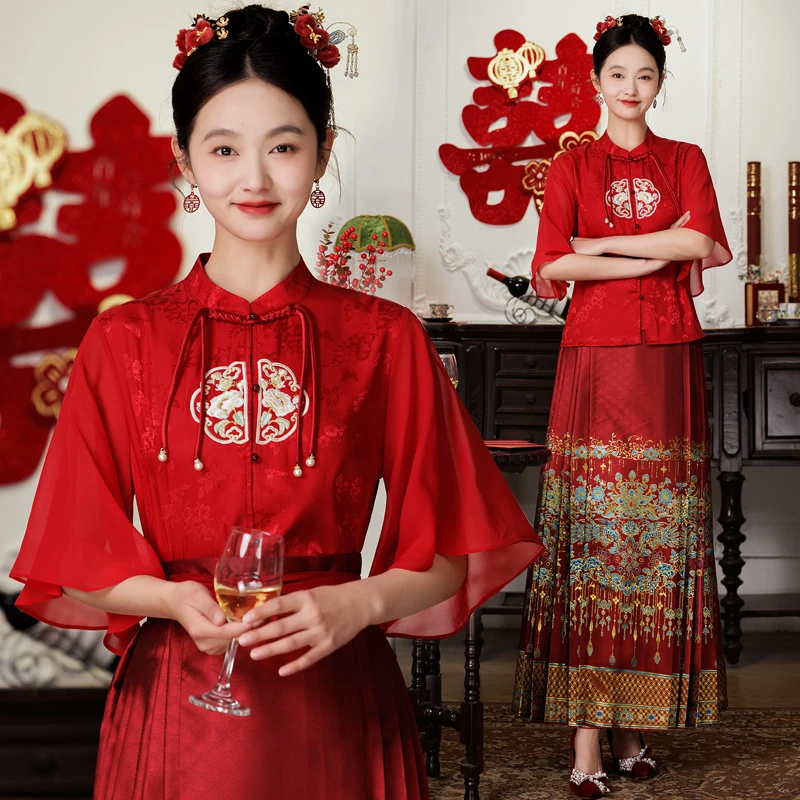 红色新中式国风上衣提花刺绣短袖衬衣立领盘扣衬衫配马面裙女夏季