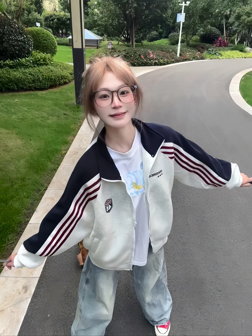 特大码美式复古撞色徽章字母立领卫衣外套男女新款学院风情侣上衣