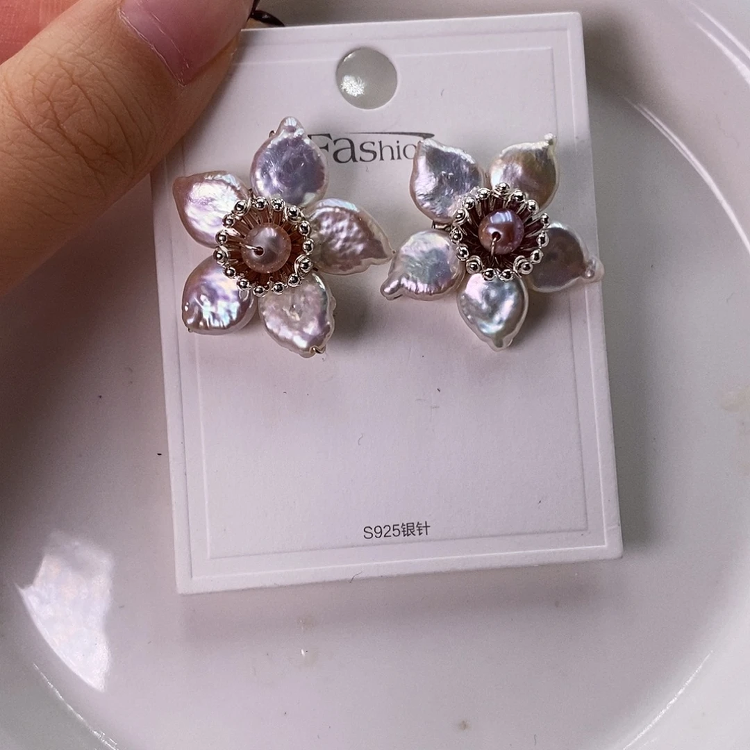 耳饰银S925镶嵌淡水珍珠