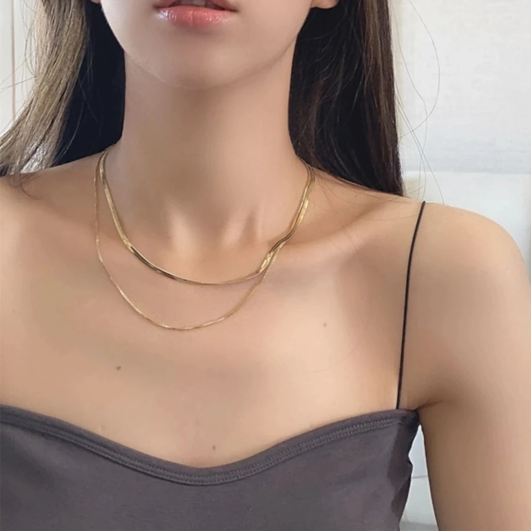 钛钢项链 简约女双层叠戴扁蛇骨项链百搭ins风饰品欧美锁骨链小众