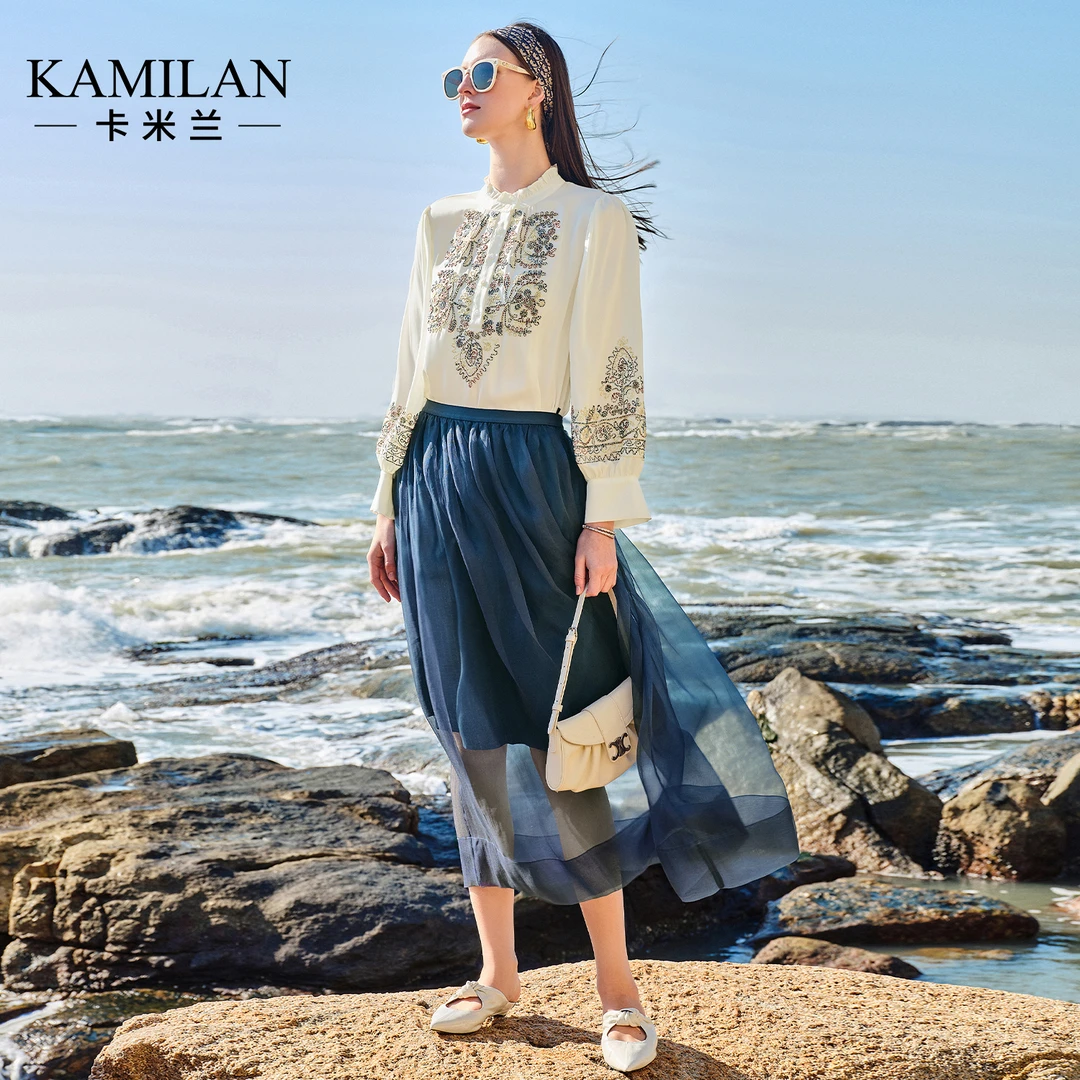 [桑蚕丝]卡米兰气质小立领钉珠真丝衬衫女2025春夏新款衬衣上衣