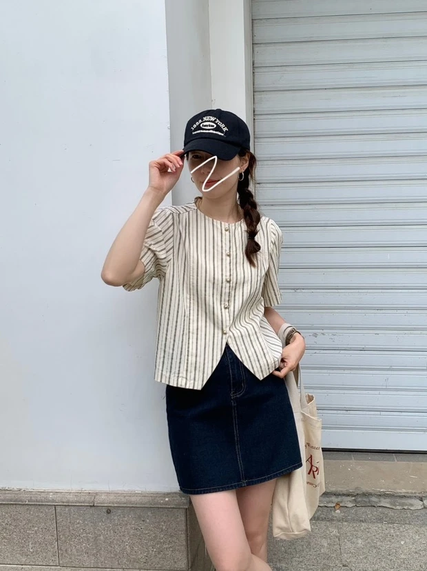 10938 条纹衬衫夏季休闲百搭上衣