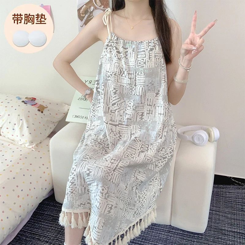 【带胸垫】夏季新原创新潮款网红吊带睡裙女甜美流苏花边家居服