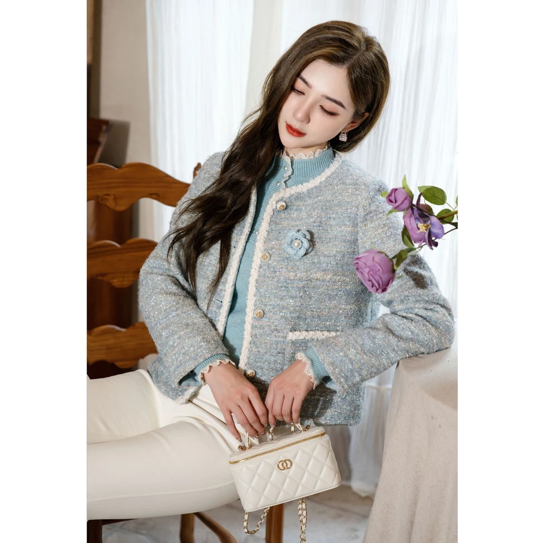 COCO BECCI【冰蓝山茶】羊毛亮片小香风气质花朵外套CFLJD300343