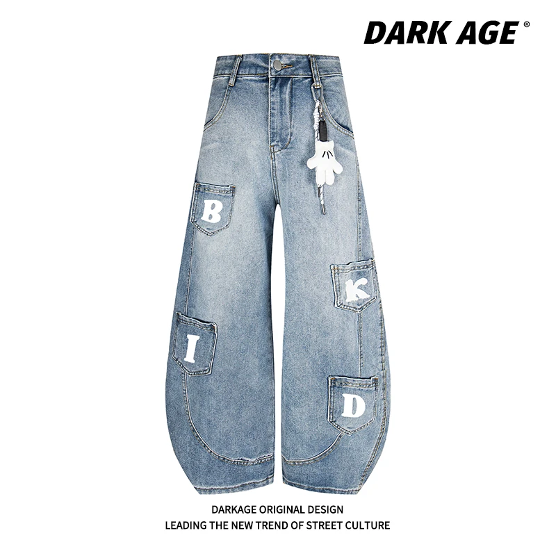 DARKAGE美式复古水洗设计感做旧男女印花牛仔裤拖地宽松直筒裤子