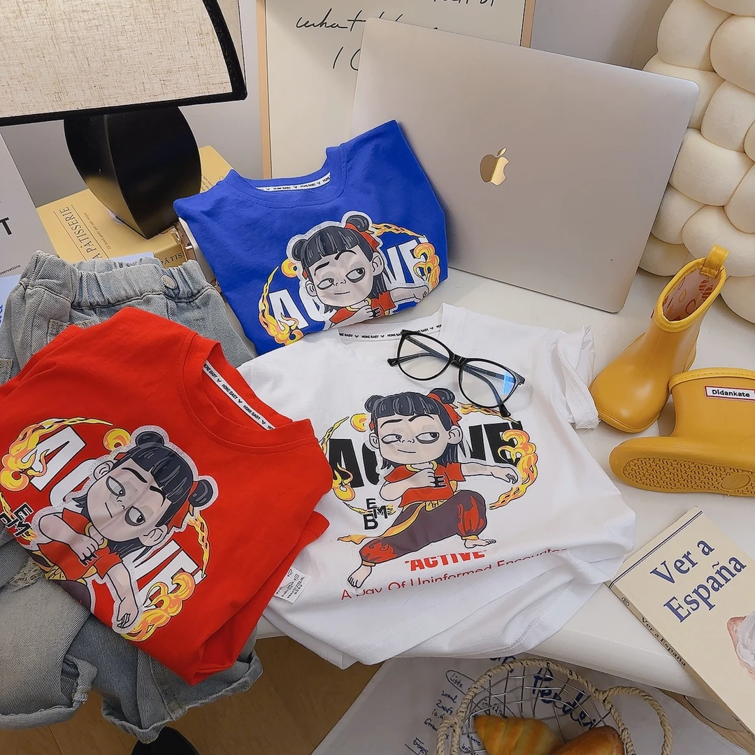 【亮灯款】卡通动漫魔童哪吒儿童短袖T恤2025夏季新款宽松打底衫潮