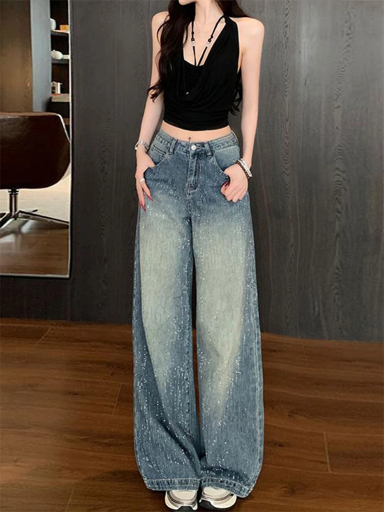高个子镶钻水洗高街牛仔裤女新款微喇复古直筒阔腿拖地裤