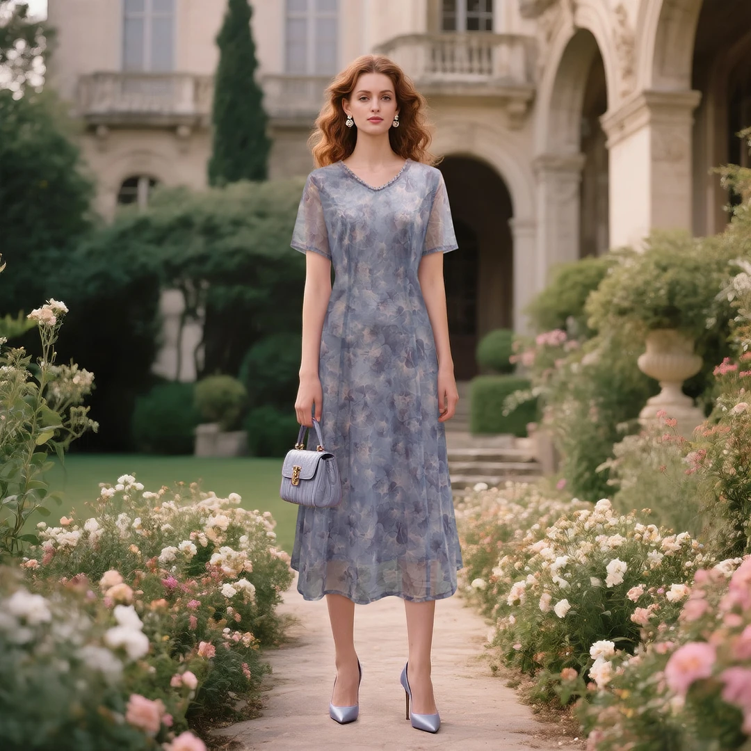 夏季短袖优雅A字裙连衣裙碎花气质裙子时尚蕾丝显瘦妈妈装-66879