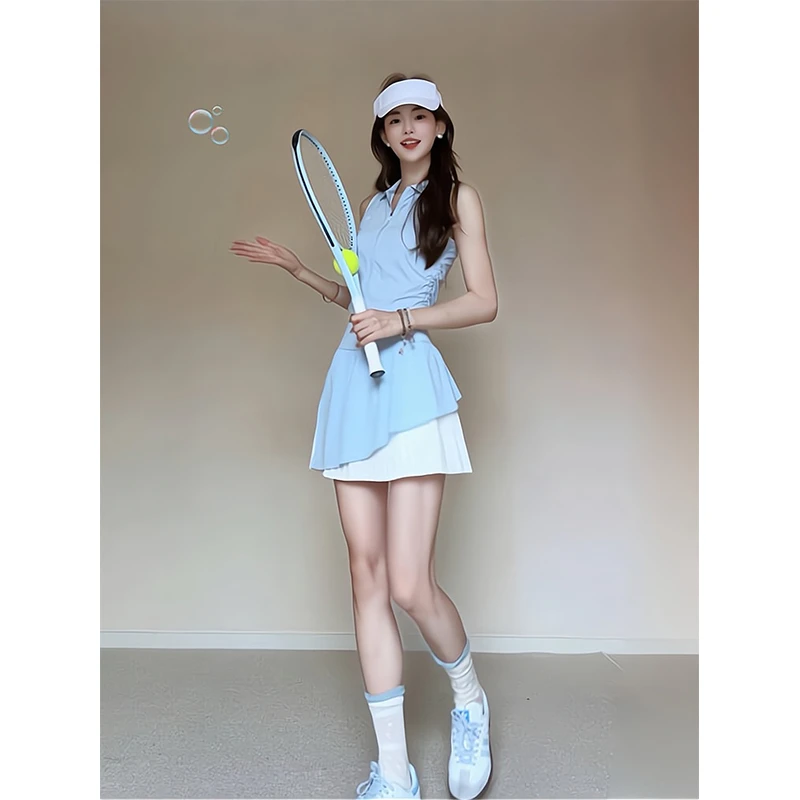 2025新款女士夏季网球运动高尔夫背心上衣高腰显瘦百褶拼接短裙