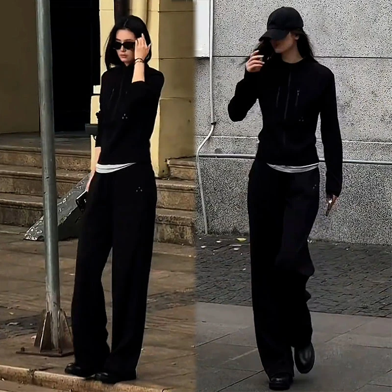 美式复古立领修身外套女2025秋季新款设计感小众休闲阔腿裤两件套