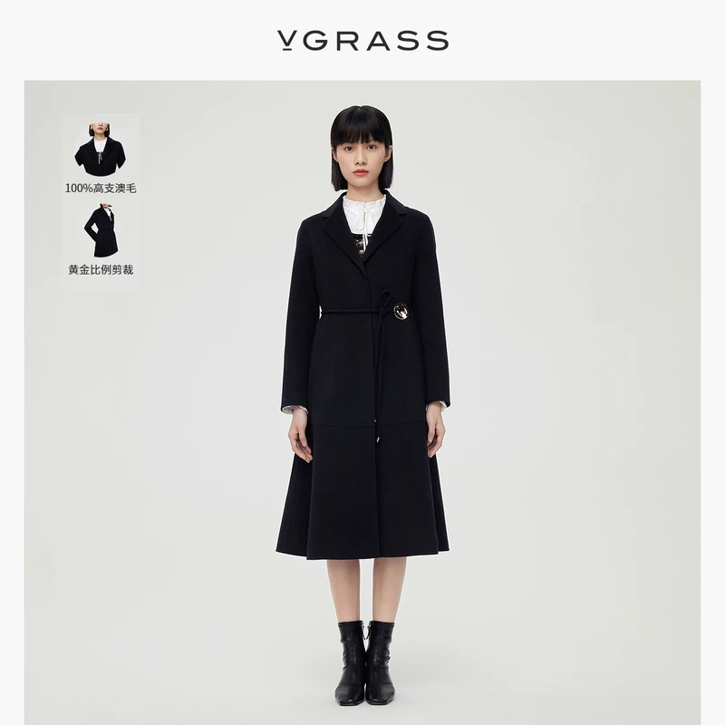 【羊羊专属】VGRASS高支澳毛连衣裙式毛呢外套冬新款黑色毛呢大衣女