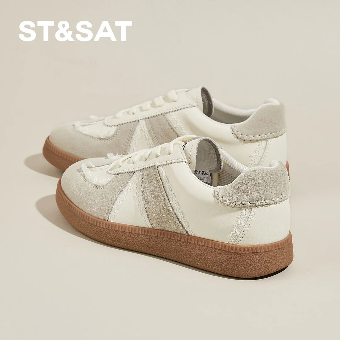 星期六女鞋2025新款银色德训鞋复古真皮运动板鞋平底蕾丝边小白鞋