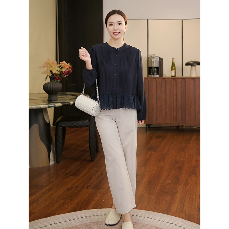 【猫猫】舒逸时光 木耳边压褶圆领衬衫女秋时尚气质长袖小衫MC5975
