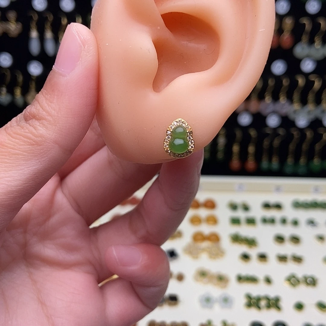 和田玉银S925镀金镶嵌耳饰