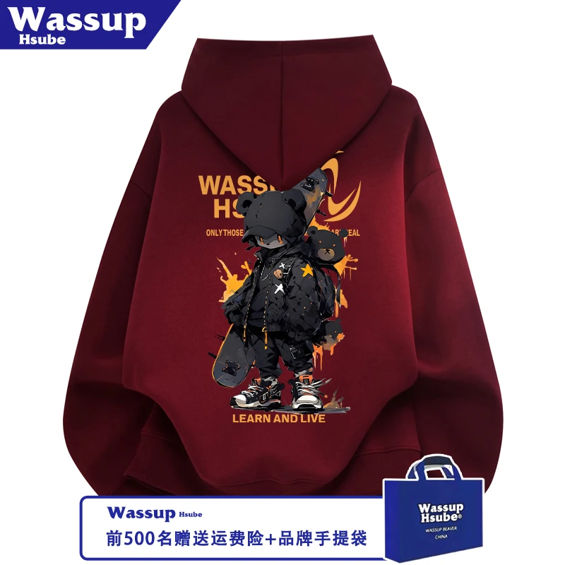 WASSUP HSUBE秋冬季男女卫衣趣味滑板熊印花连帽套头潮流酒红上衣