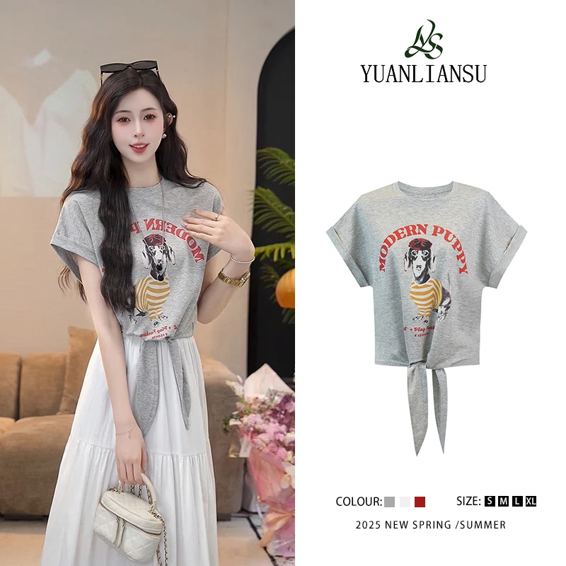 YUANLIANSU/圆脸酥【追风日记】夏季时尚气质设计感小众印花T恤女