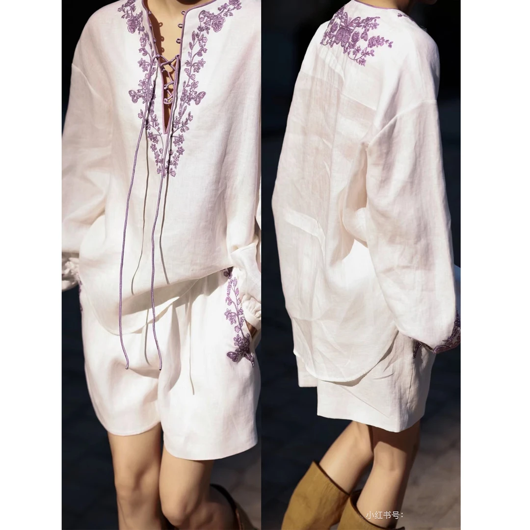 老钱风松弛感穿搭亚麻套装女2025春夏重工刺绣麻料衬衣短裤两件套