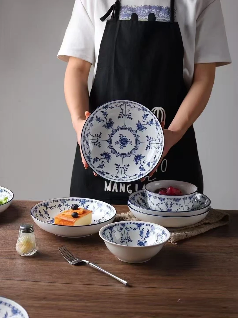 瓷县令跹枝复古8件套高颜值中式商用家用丽宴碗陶瓷饭碗餐具盘子